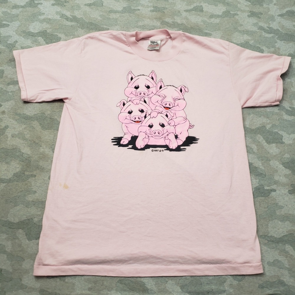 Vintage Oneita Shirt Mens XL Pink Pigs Single Stitch Short Sleeve Made In USA